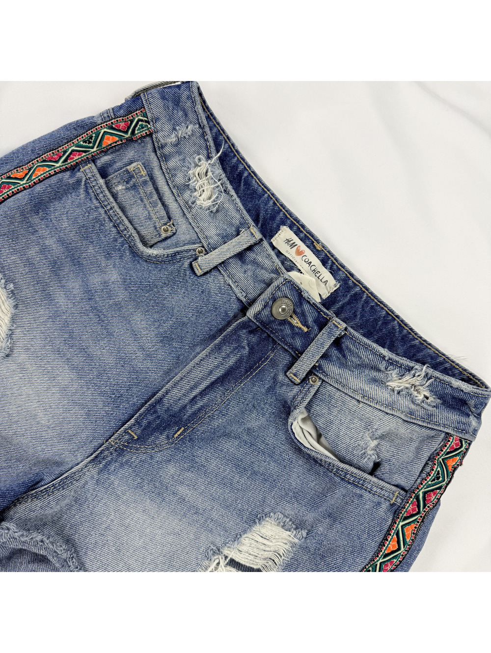 H&M Coachella Denim Shorts Womens 2 Distressed Embroidered Festival Boho Cutoff